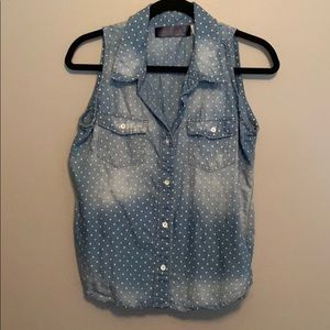 Button up polka dot blue jean sleeveless shirt